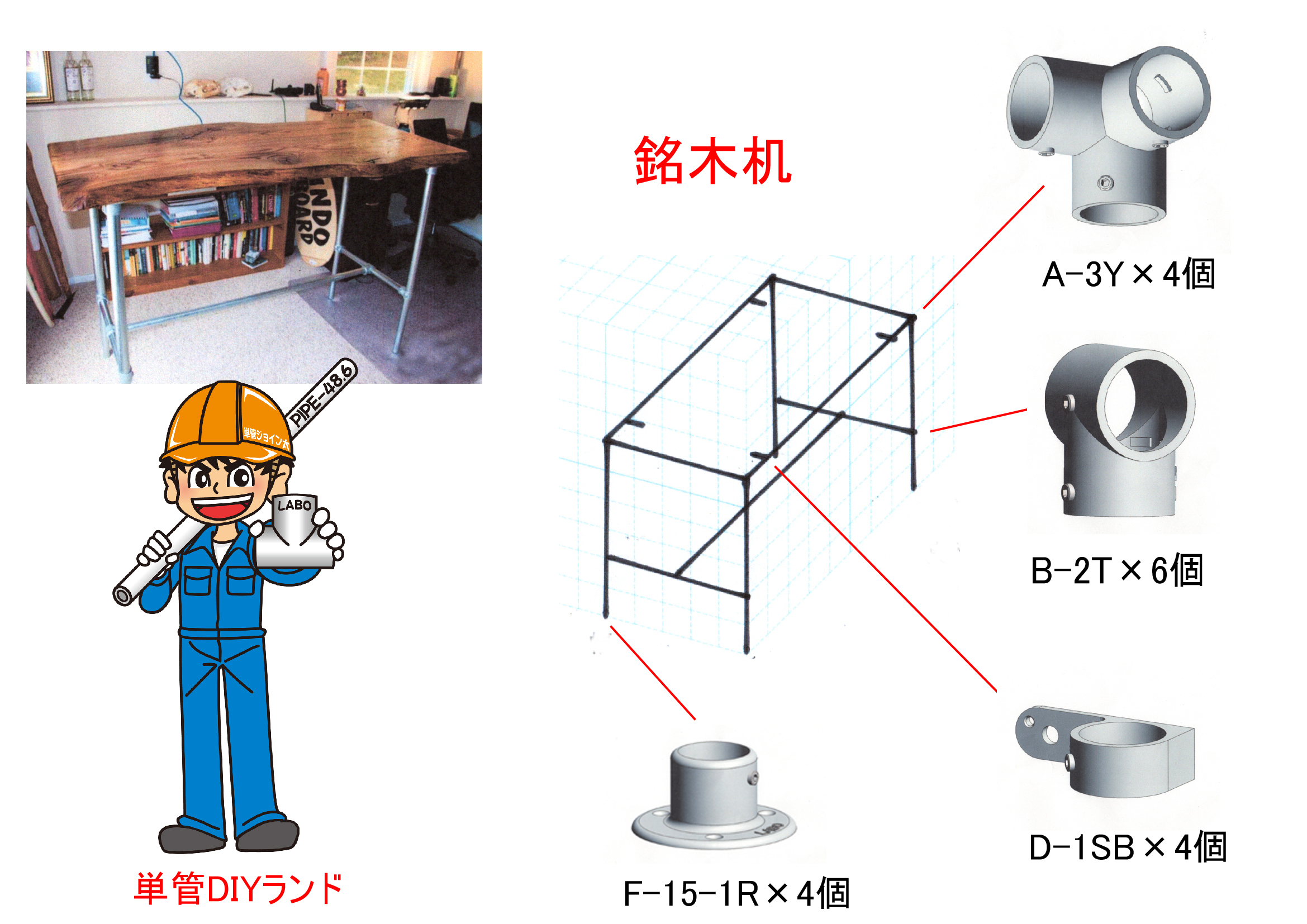 銘木 テーブル 机 単管パイプ Diy 工作 Labo ラボ 継手 金具