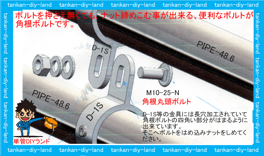 便利な 角根丸頭ボルト 金具にボルトをセットして 片手でナットを締めるだけ 単管パイプのdiyや組み方の学習なら単管diyランド